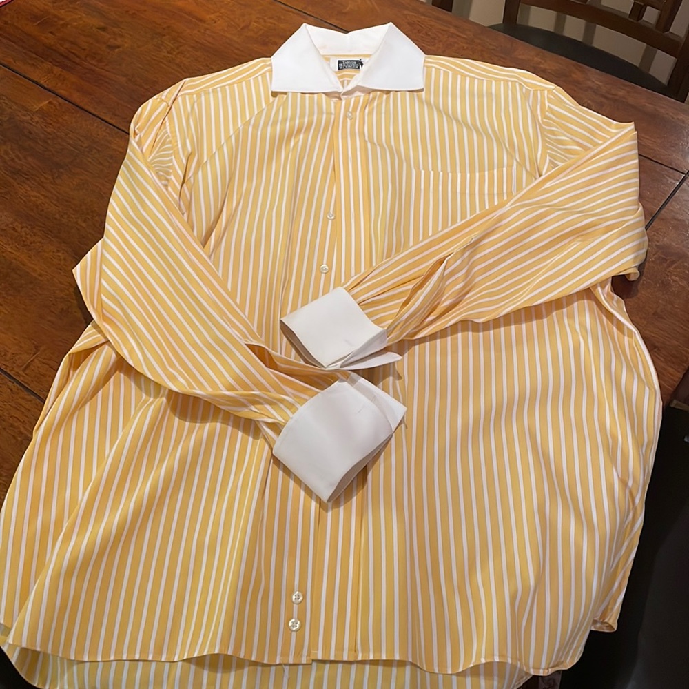Custom dress shirt, 17 neck, custom fabric, yellow/white print, spread collar.